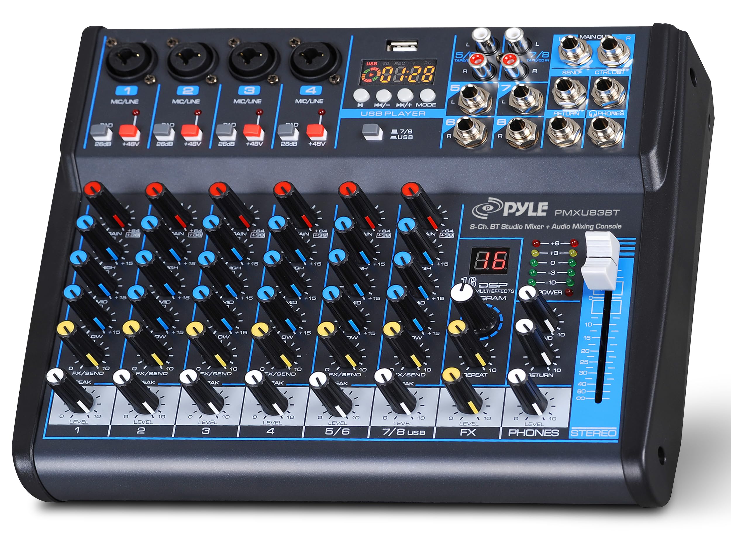 Pyle Mezclador de audio profesional Tablero de sonido Consola Interfaz del sistema de escritorio 8 canales USB digital Bluetooth MP3 Entrada de computadora 48 V Phantom Power Estéreo DJ Studio FX Procesador DSP de 16 bits Pyle PMXU83BT, negro
