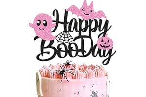 LONKISYL Halloween Happy Boo Day Cake Topper Halloween Ghost Cake Topper Decoration Bat Pumpkin Witches Theme for Kids Girl Baby Shower Pink and Black Birthday Party Supplies