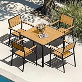 Aluminum Outdoor Dining Set, Patio Square Table and Stackable Chairs, Teak | 5-Piece Heavy-Duty All-Weather Furniture with 2" Umbrella Hole. Ideal for Deck, Backyard, Poolside, Lawn &amp; Garden