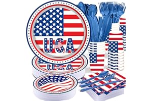 PAMMYAN 4th of July Party Supplies Tableware Set, 177 PCS Patriotic American Flag Paper Plate Disposable Set with tablecloths- Red Blue White USA Plates Napkins Cups, Forks Spoons for Picnic Barbecue