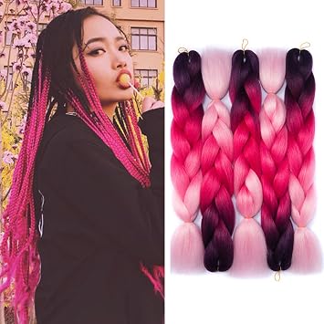 3 Packs Purple To Red To Pink Yrenrea Hair 24 Ombre Kanekalon