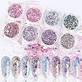 Iridescent Glitter Nail Art Sequins, 8 Colors Sparkly Nail Flakes Decoration, Holographic Mixed Size 3D Resin Acrylic Supplies for Women Girls Manicure Charms Nails, DIY Shiny Fingernail Accessories