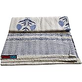 Exportindia Bedspread Hand Block Blue Floral Print Kantha Quilt 100% Cotton Handmade Kantha Quilt Flat Blanket,Bedsheet Coverlet Sofa Cover