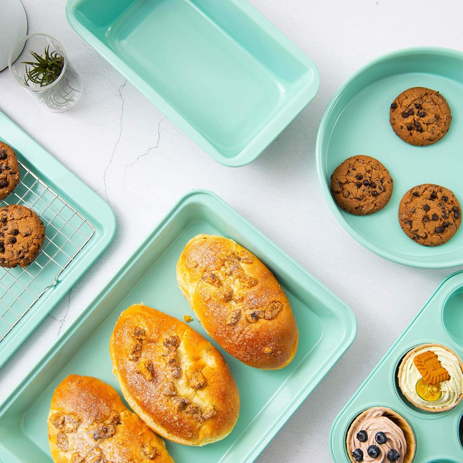 Rorence Bakeware Set Nonstick: Cookie Sheet, Rectangular Cake Pan, 2 Round Cake Pans, Muffin Pan, Loaf Pan & Cooling Rack - Set of 7 - Mint Green: Kitchen & Dining