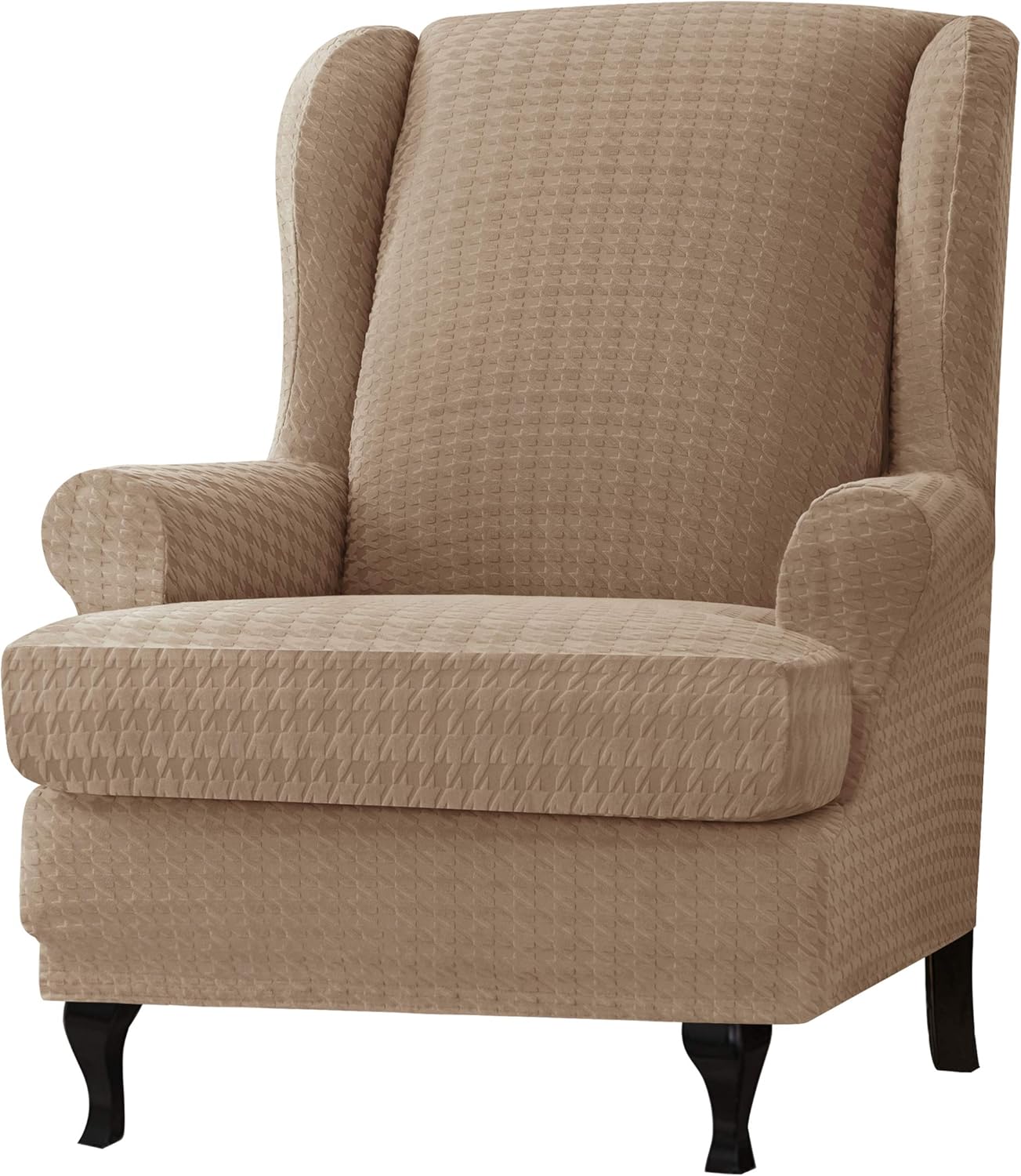 CHUN YI 2 Piece Stretch Houndstooth Wingback Chair Cover, Soft Armchair Couch Slipcovers Spandex Fabric with Elastic Bottom for Living Room, Machine Washable Furniture for Kids and Pets(Camel): Home & Kitchen