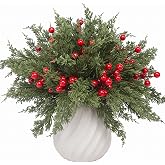 lovemoon 70Pcs Christmas Artificial Pine Stems with Red Berries, Faux Cedar Branches, Fake Christmas Greenery Pine Picks with Berries Stems for DIY Crafts, Garland Wreath &amp; Home Xmas Decor (70)