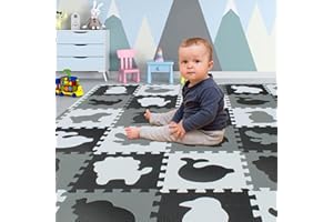Yostrong 18 Tiles Interlocking Animal Puzzle Foam Baby Play Mat with Straight Edges for Playing - Rubber EVA Babies Crawling Mats for Floor. White, Black, Gray. YOP-51(ADL) b18S18