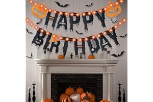 ROBERLY Halloween Happy Birthday Banner with Lights, Halloween Birthday Party Decorations Banner with Pumpkin Signs and 2 Red Lights 24 3D Bat Stickers Halloween kids Birthday Party Supplies
