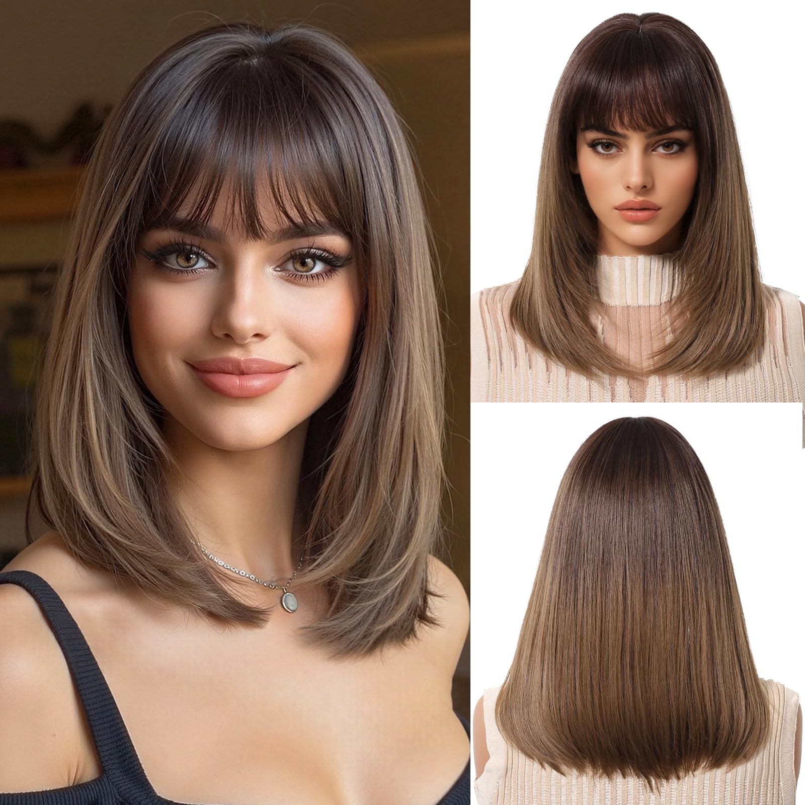 OUFEI Ombre Brown Bob Wig With Bangs Short Straight Wig For Women Synthetic Hair Wigs for Daily Party Cosplay Wear