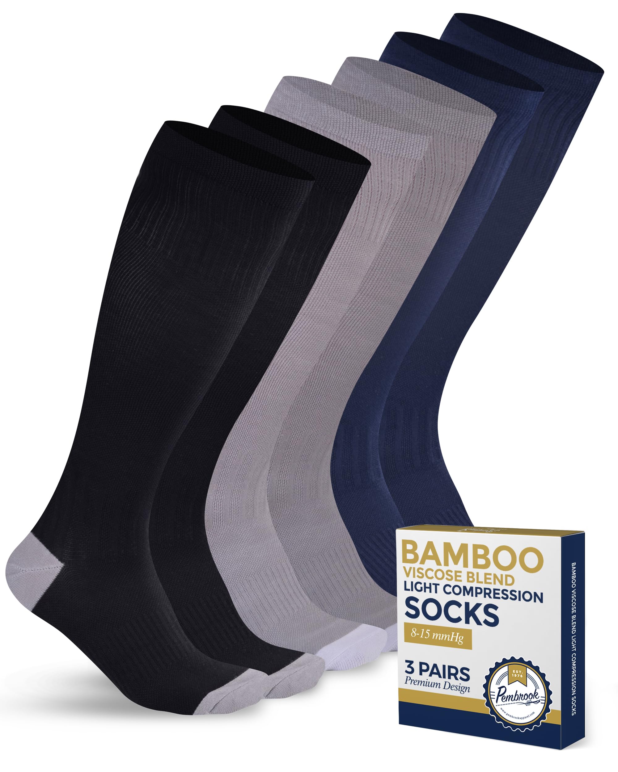 Photo 1 of Pembrook Bamboo Viscose Light Compression Socks - 3 Pairs | 8-15 mmHg for Women and Men | Black, Grey, Navy | for Soreness, Varicose Veins, Edema