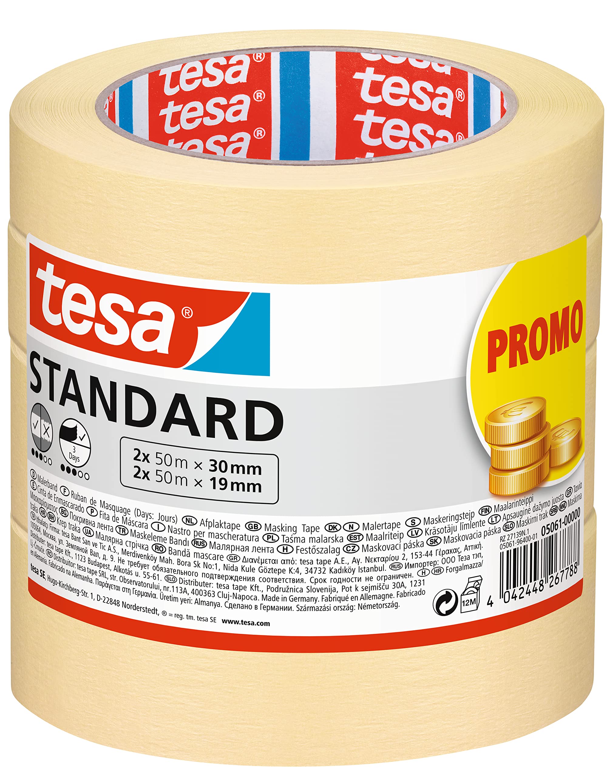 tesa Masking Tape Standard - Pack of 2 - Painter's Tape with Strong Adhesion for Masking During Painting Work - Solvent-Free - 2X 50m x 19mm + 2X 50m x 30mm