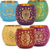 ARQRHTLY 6 Pcs Day of The Dead Candles Holders Dia De Los Muertos Decors | Sugar Skull Votive Glass Candle Holder Dia De Los Muertos Decorations Altar Ofrenda Decorative Halloween Decor Supplies