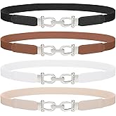 4 Pack Women Skinny Elastic Belts Gold Buckle Thin Stretchy Waist Belts for Dresses