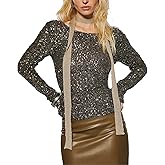 Women Long Sleeve Sequin Crop Tops Back Cowl Neck Sparkly Shirts Club Party Night Glitter Top