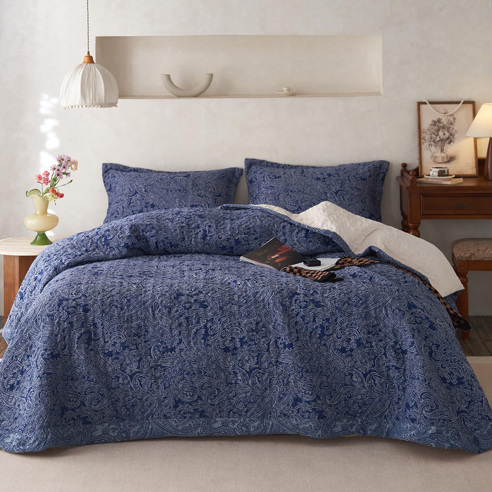 mixinni Navy Blue Floral Queen Size Quilt Set Soft Cotton Double-Layer ...