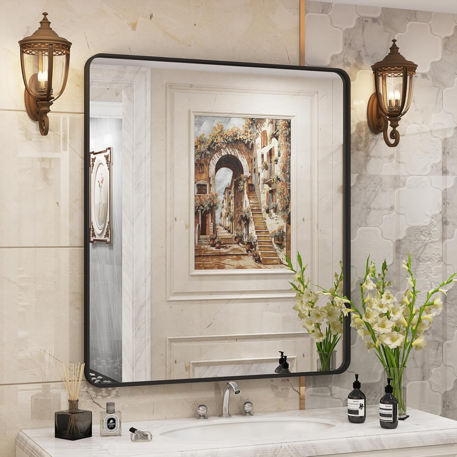 Mirrors - CHAMROR 32x36 Inch Black Metal Framed Bathrrom Mirror for Wall, Black Rounded Rectangle Mirror, Matte Black Bathroom Vanity Mirror, Anti-Rust, Tempered Glass, Hangs Horizontally or Vertically