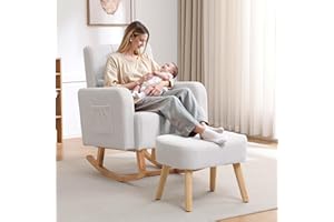 HCHAIRH Rocking Chair with Ottoman, Upholstered Nursing Glider Rocker with High Backrest and Side Pocket, Comfy Reading Chair with Solid Wood Legs for Nursery/Living Room/Bedroom White