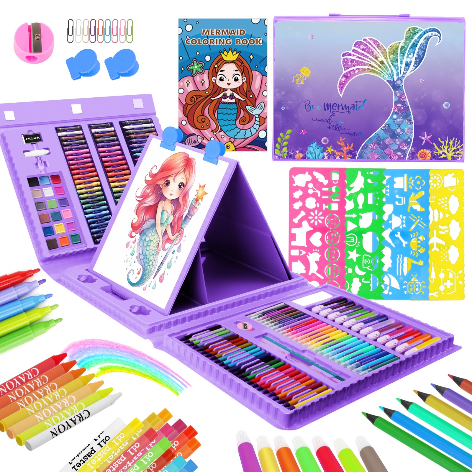 TCJJ 208Pcs Mermaid Art Set For Kids, Girls Drawing Set With Mermaid Coloring Book,Oil Pastels, Crayons, Colored Pencils,Kids Colouring Sets &Art Supplies Set,Mermaid Gifts For Girls 3-12 Ages
