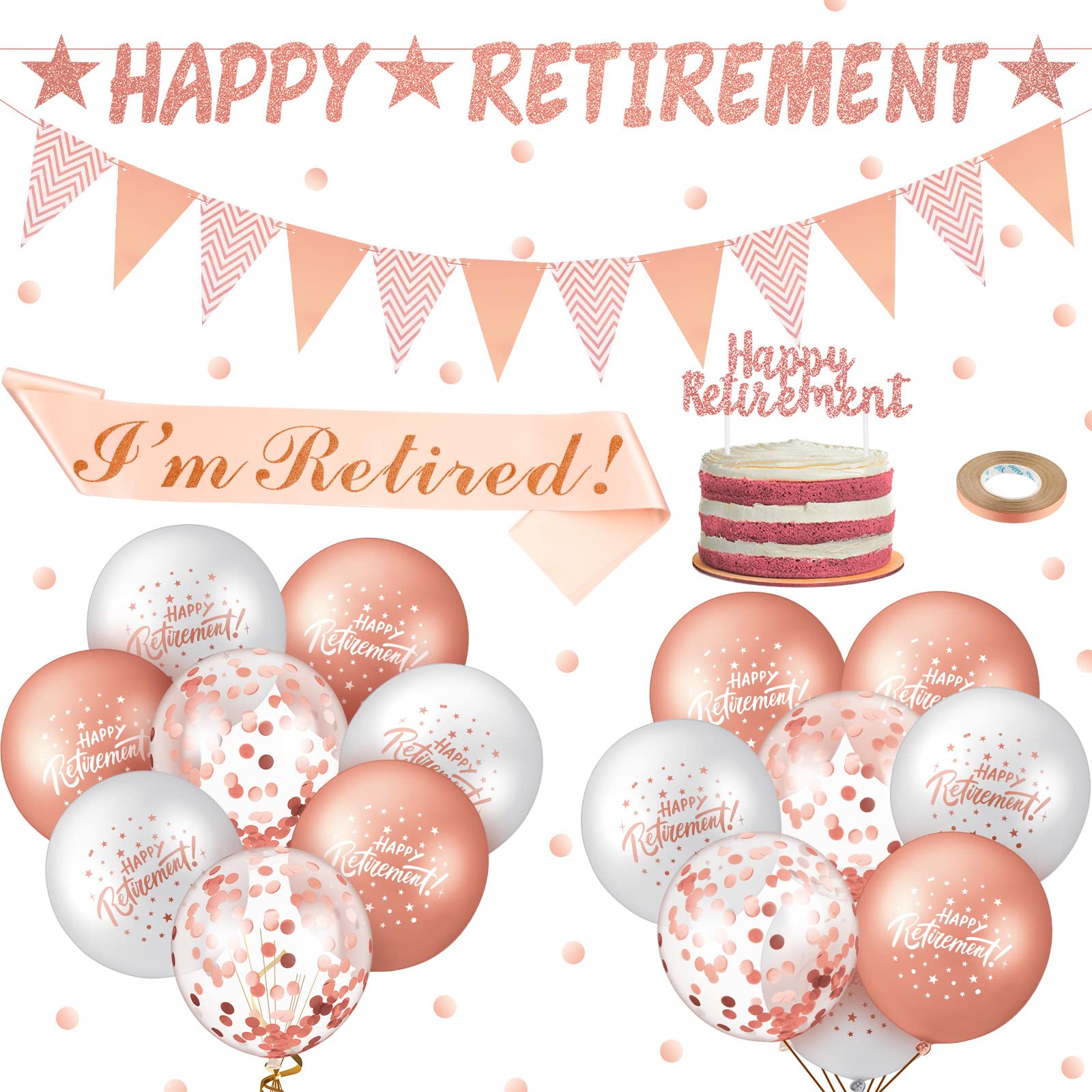 21 Pcs Retirement Party Decorations Kit Rose Gold Happy Retirement Banner Retired Sash Glitter Balloons Farewell Cake Topper with Bunting Flags Ribbon for Sorry Your Leaving Party Supplies