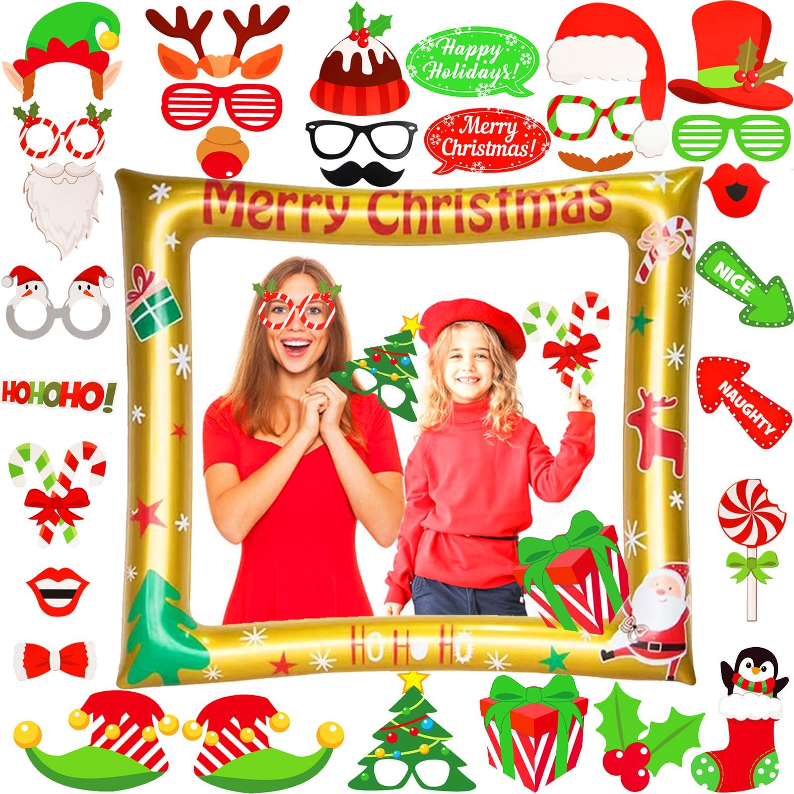 LMSHOWOWO 32pcs Christmas Photo Booth Props, Xmas Party Inflatable Photo Booth Frame, Gold Inflatable Selfie Frame, Blow Up Picture Selfie Props Accessories, for Christmas Party Decorations