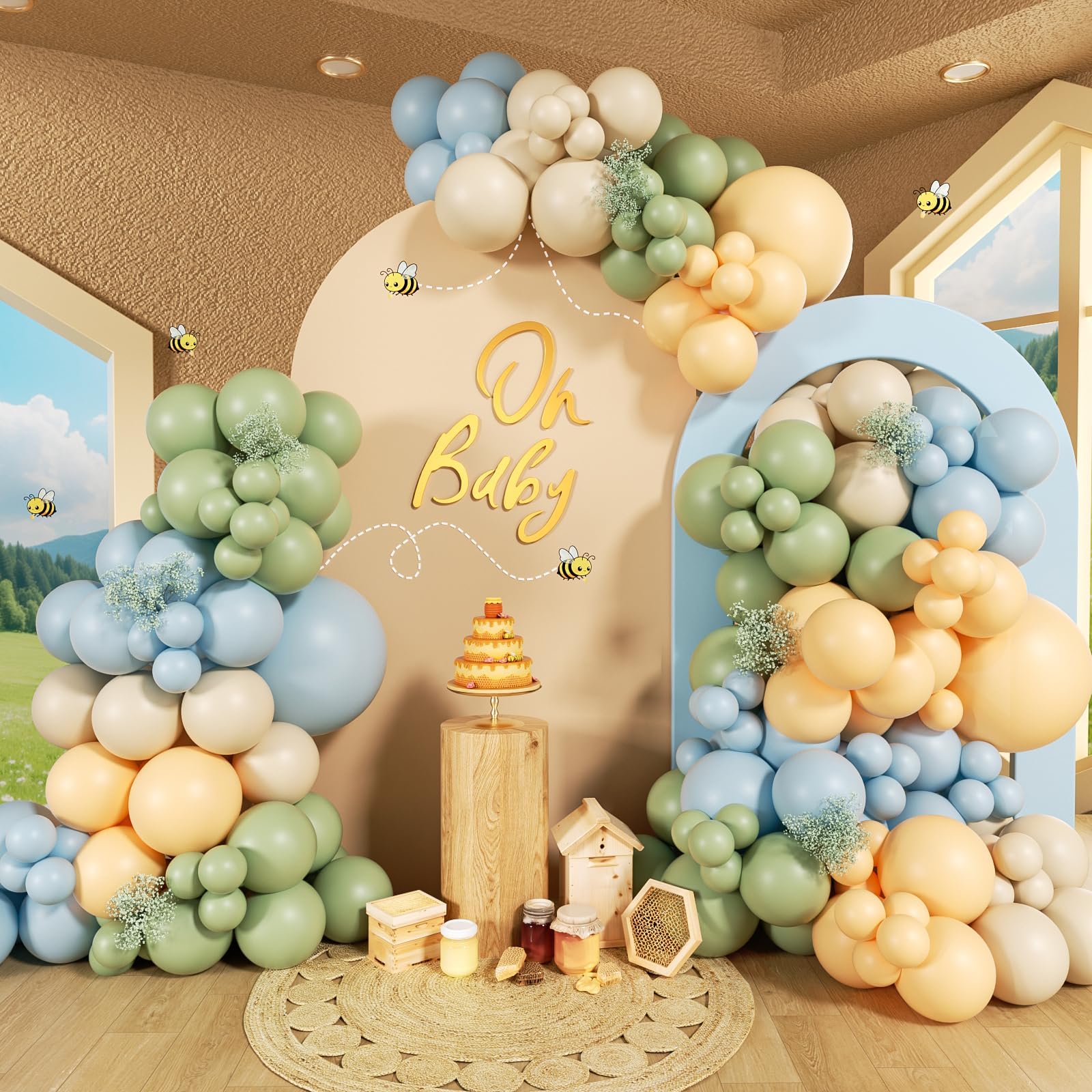 Photo 1 of Blue and Yellow Balloon Arch Kit, Pastel Balloons with Blue Yellow Sage Green Sand White Balloons for Classic Bear Themed Baby Shower Wedding Birthday Party Decorations