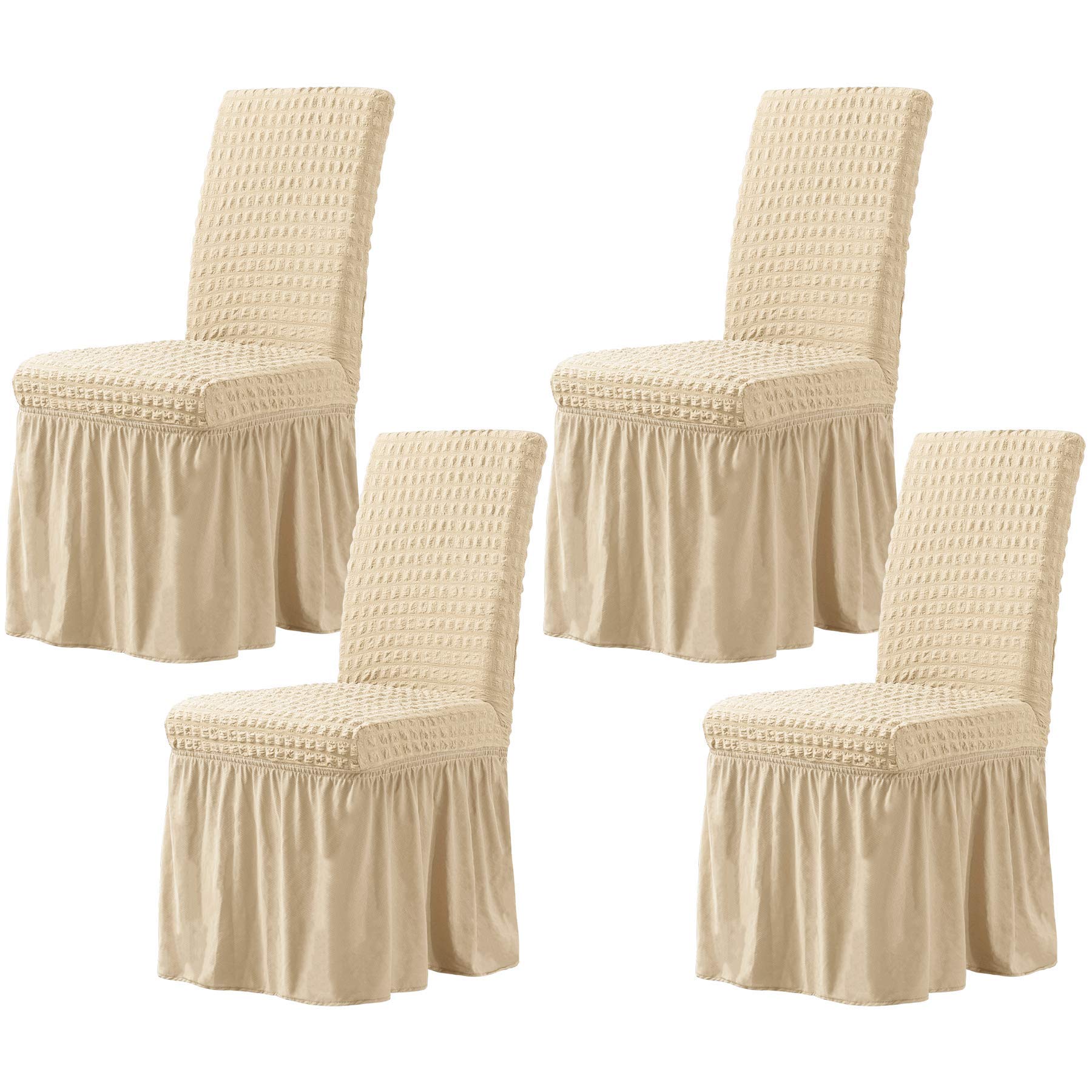 TOYABR 4PCS Stretch Dining Chair Covers with Skirt Spandex Dining Room Chair Cover, Washable Removable Furniture Protector for Home Ceremony Banquet Wedding Party (4PCS, Light Khaki)