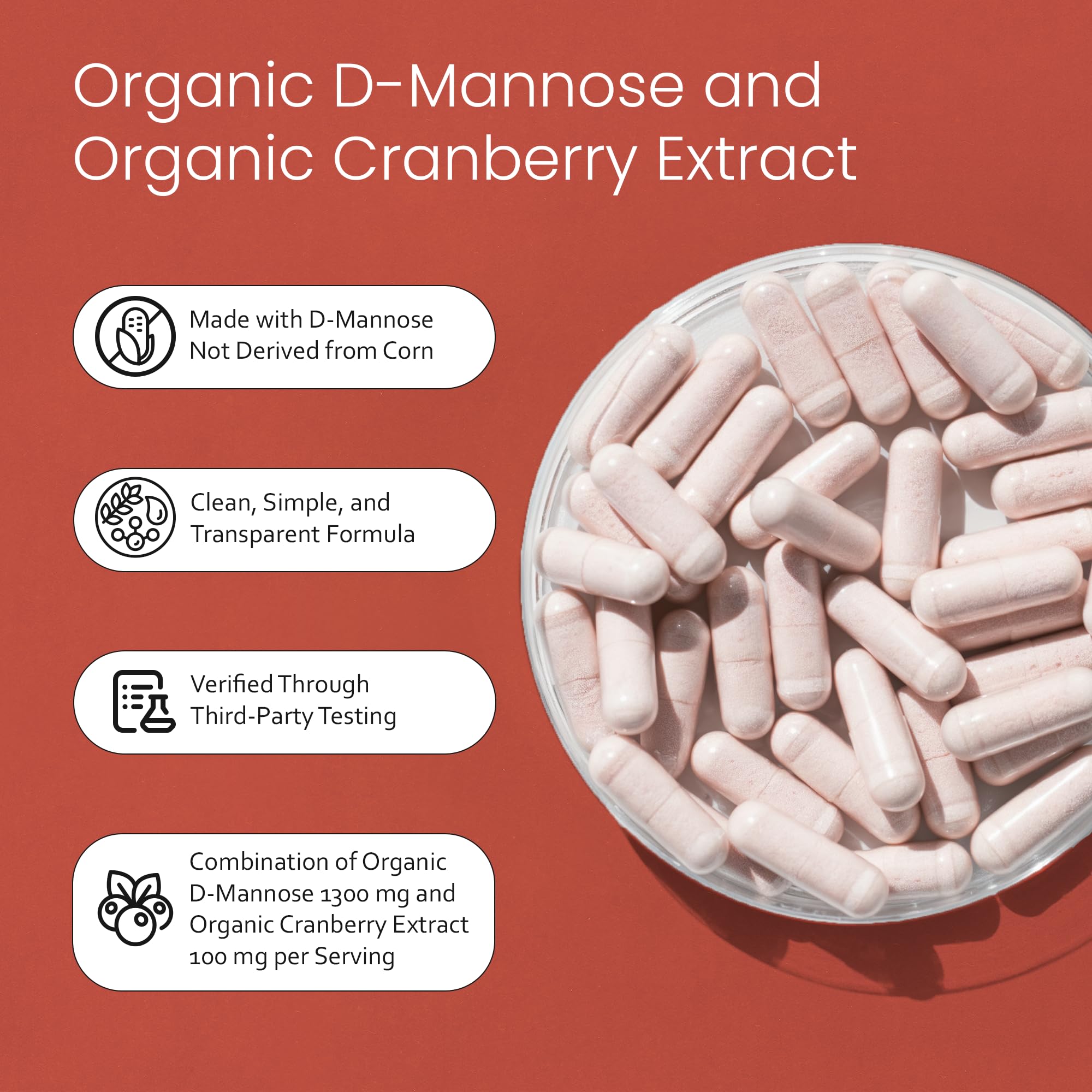 NaturaLife Labs Organic D-Mannose 1300 mg with Organic Cranberry Extract 100 mg per Serving – 100 Capsules – Non-GMO, Gluten-Free, Vegan