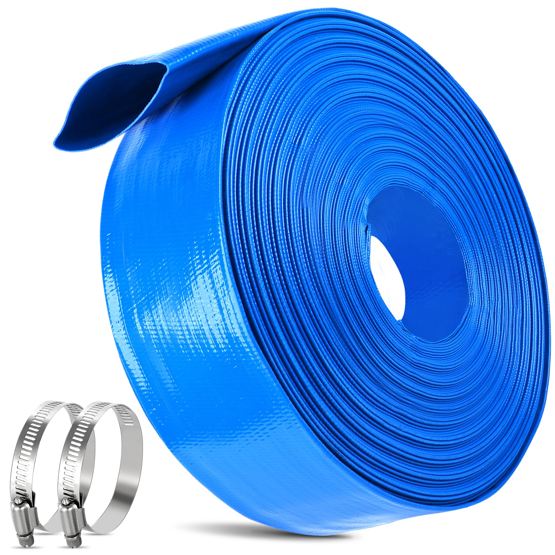 MYFAMIREA 1.5IN x 110FT Pool Backwash Hose Heavy Duty Drain Discharge Double PVC Layflat Hose with 2 Clamps, Weatherproof Burst Resistant for Water Transfer, Sump Pump, Pool Filter, Drain (33.6M,Blue) Image MYFAMIREA 1.5IN x 110FT Pool Backwash Hose Heavy Duty Drain Discharge Double PVC Layflat Hose with 2 Clamps, Weatherproof Burst Resistant for Water Transfer, Sump Pump, Pool Filter, Drain (33.6M,Blue) Image