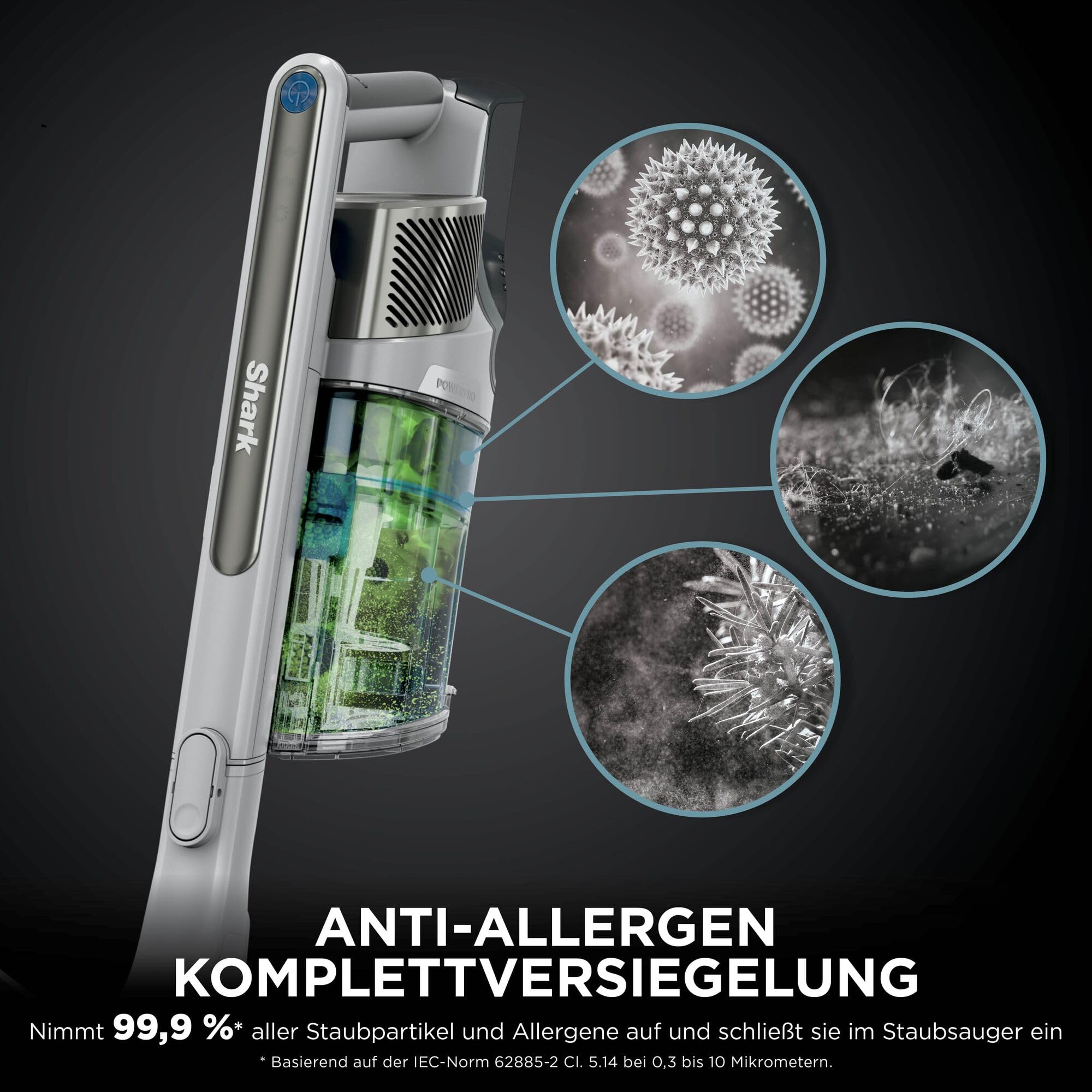 Shark PowerPro Akku-Staubsauger freistehend, bis 50 Min. Laufzeit, kabellos, beutellos, für Tierhaare, Allergiker, Teppich und Hartböden, mit LED-Licht und Knickgelenk-Rohr, grau metallic, IZ380EUT 9
