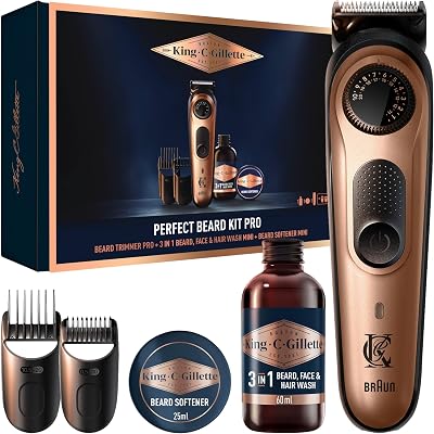 Kit de Barba Masculino, Pack Perfect PRO Aparador de Barba + Mini Gel de Limpeza para Pelos Faciais e Facial 60ml + Mini Bálsamo Suave 25ml, Presentes Originais para Homens