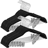 SONGMICS 20-Pack Pants Hangers, 16.7-Inch Long Velvet Hangers with Adjustable Clips, Heavy-Duty, Non-Slip Skirt Hangers, Space-Saving for Pants, Skirts, Coats, Dresses, Black UCRF012B20