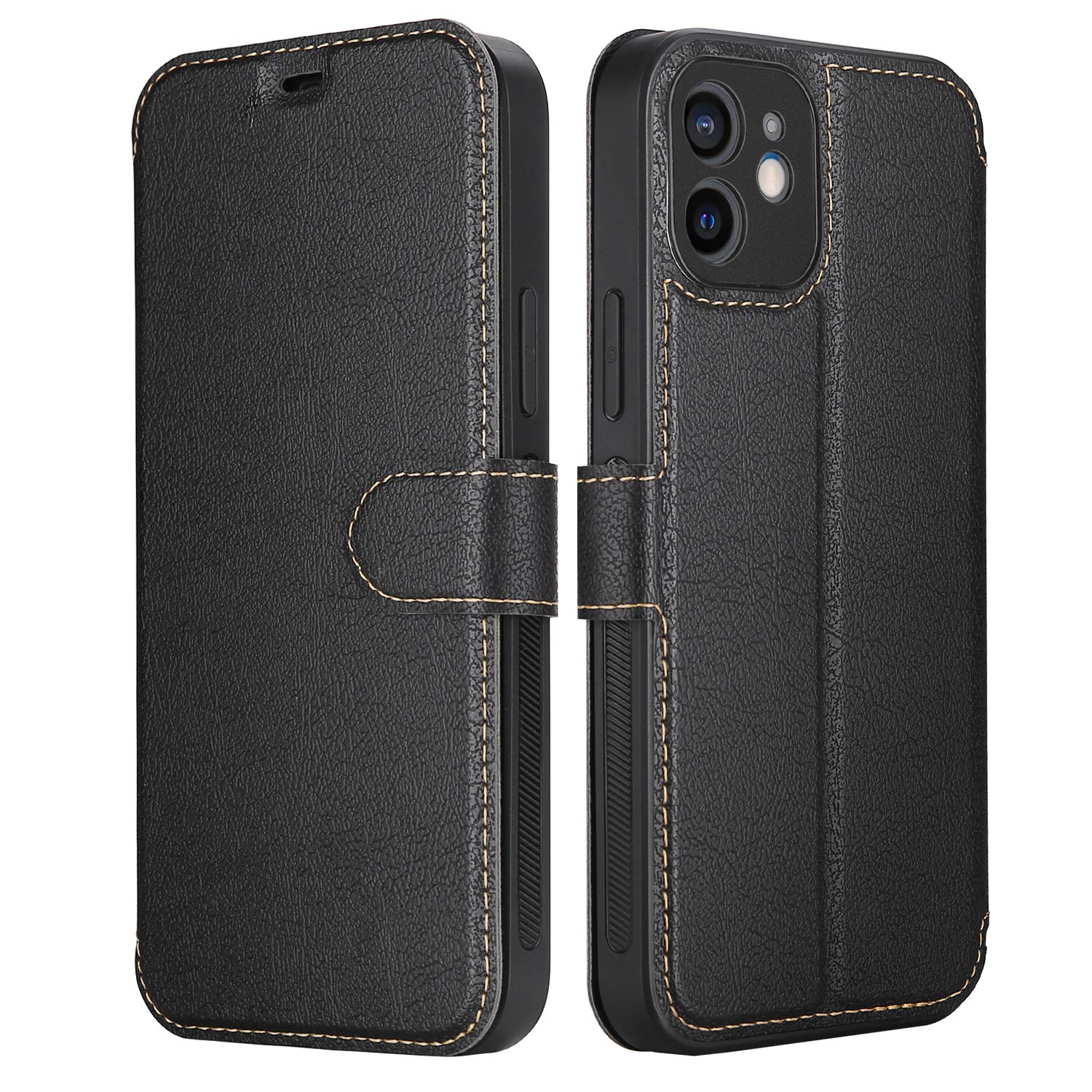 ELESNOW Phone Case for iPhone 12, Flip Wallet PU Leather Card Holder with RFID Blocking Magnetic Closure Stand Cover for Apple iPhone 12 (Black) — image 1
