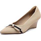 NEWBELLA Women's Bow Wedge Heels - Simple Knit Slip-On Pumps Pointed Toe, Comfortable Office Work Shoes with Block Heel