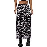Avanova Women Mesh Floral BohoMidi Skirt High Waist Lettuce Trim A Line Skirt Floral Black V X-Large