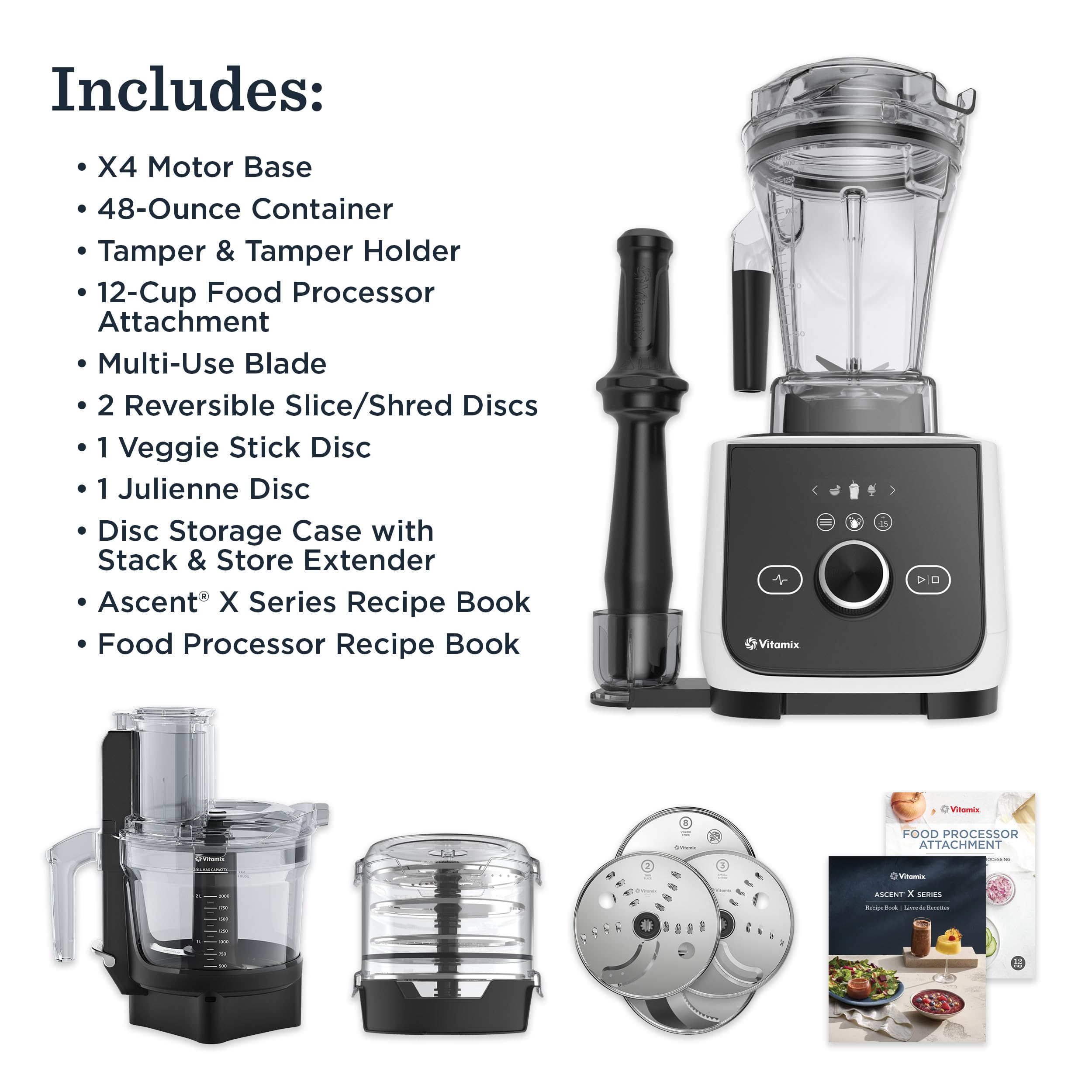 Sistema de cocina Vitamix Ascent X4 Gourmet SmartPrep con accesorio para procesador de alimentos más 2 discos de cuchillas adicionales, recipiente de 48 onzas con AUTODETECCIÓN, blanco polar