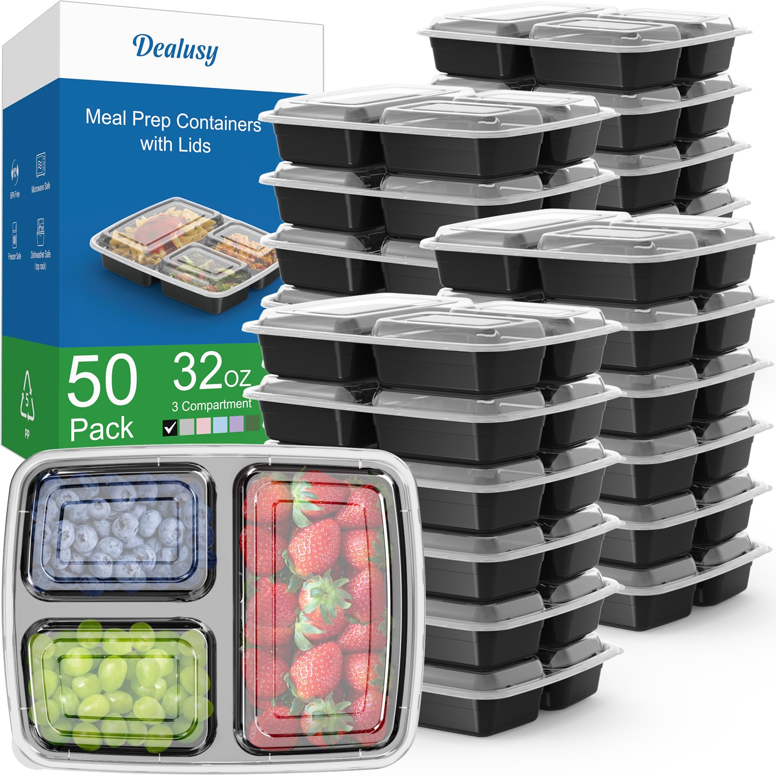 Photo 1 of 50 Pack (100-Piece) 32 oz Meal Prep Containers Reusable with Lids 3-Compartment, To Go Take Out Plastic Food Storage Containers, Sturdy Leakproof Food Safe, Microwave Freezer Dishwasher Safe, Black