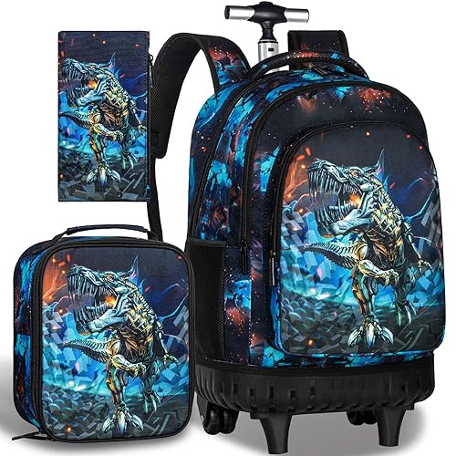 CCJPX Rolling Backpack for Boys, 21 Inch Dinosaur Bookbag with