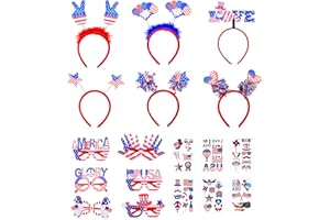 ABONDEVER 4th of July Accessories Party Favors Headbands Glasses and USA Flag Temporary Tattoos Fourth of July Patriotic Accessories Party Supplies for Independence Day Red