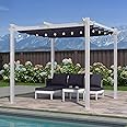PURPLE LEAF 10' x 10' Outdoor Aluminum Pergola White Heavy-Duty Retractable Pergolas Patio Metal Pergola with Double Sun Shade Canopy and String Lights for Backyard Gardens Deck, Navy Blue