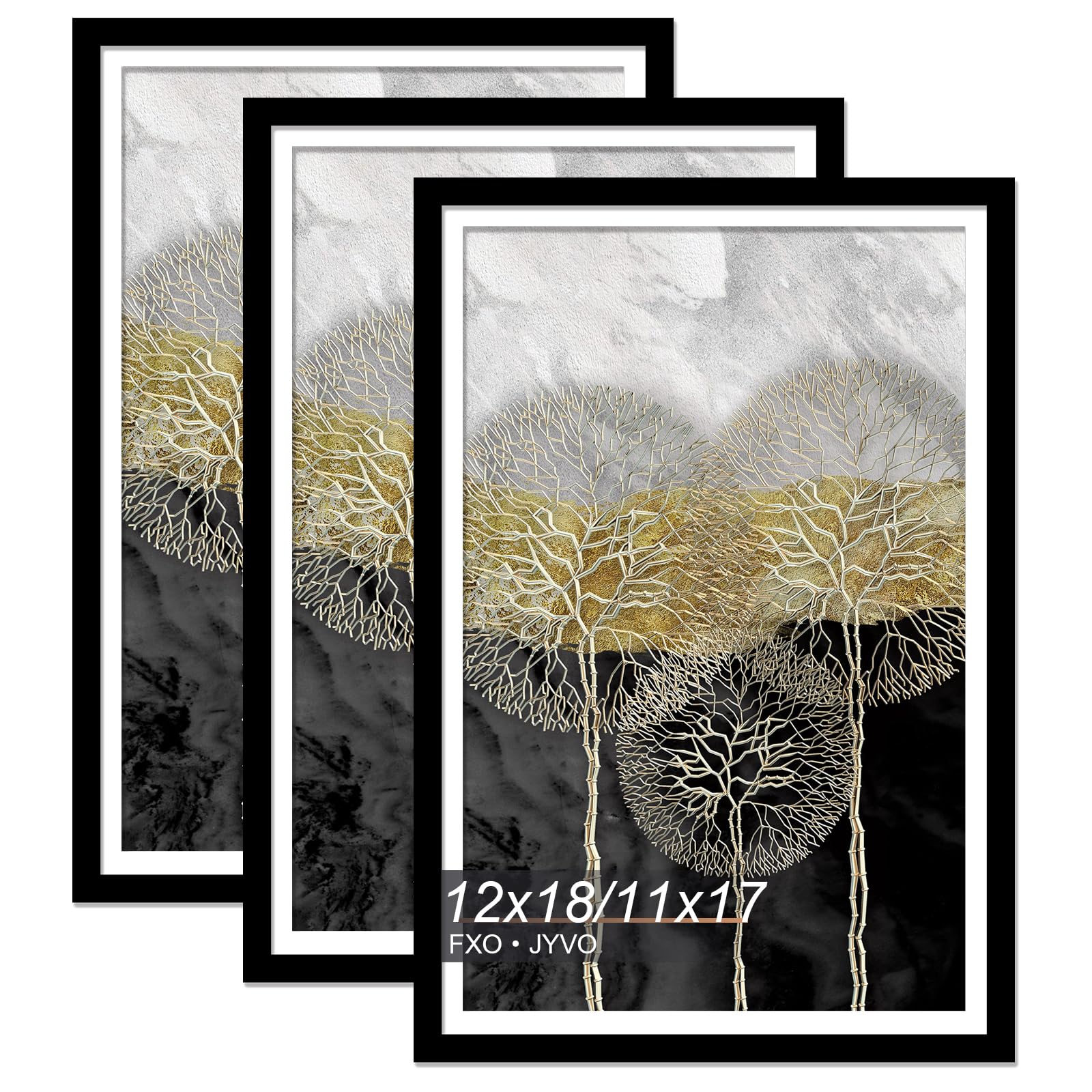 Fxojyvo 12x18 Picture Frame Set of 3, Display Poster 11x17 with Mat or 12 x 18 Without Mat, Light Weight and High Transparent 12 by 18 Frame for Wall - 3 Pack/Black/12 x18