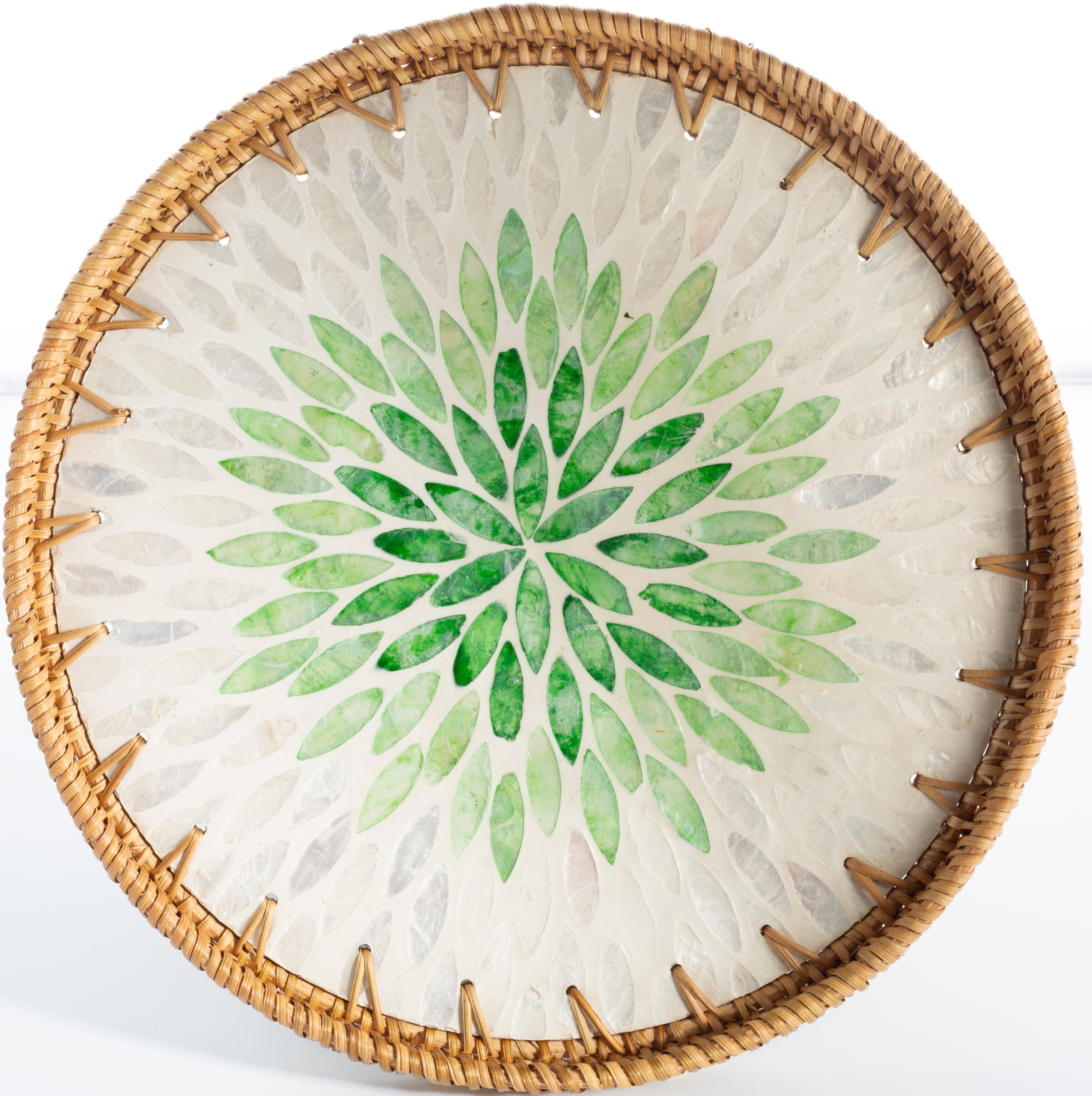 Photo 1 of 11.8 inch Round Rattan Serving Tray with Mother of Pearl Inlay Wicker Platter Coffee Tray for Coffee Table Decor Coastal Boho Kitchen Storage Display Decorative Basket Food Tray Handmade Wall Decor