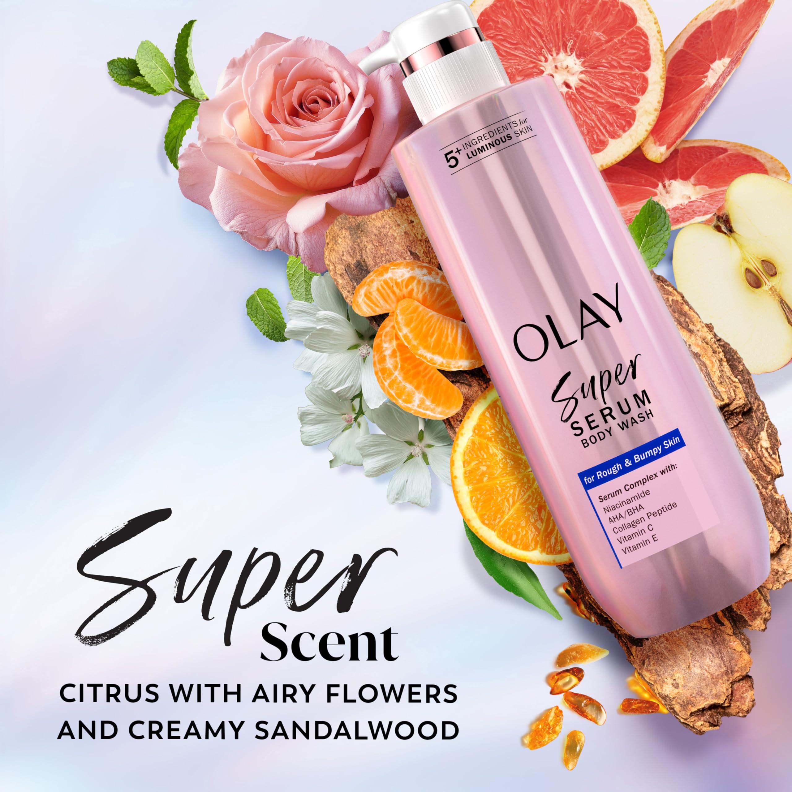 Olay Super Serum Body Wash for Rough & Bumpy Skin, Hydrating & Renewing Serum Complex with Exfoliating Minerals for Luminous Skin, 18.5 fl oz
