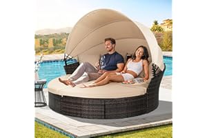 Brightpeak Patio Round Daybed with Retractable Canopy, Adjustable Clamshell Sectional Seating, Outdoor Wicker Furniture with Washable Cushions for Backyard Porch Garden, Brown