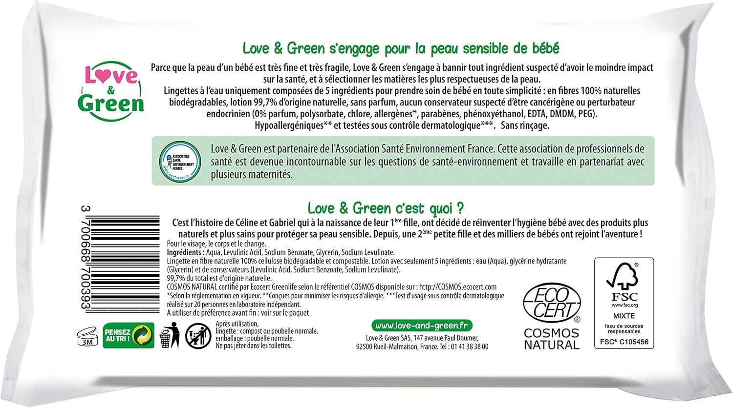 Love & Green Healthy and Ecological Water Wipes, Pack of 56 Wipes, Cosmos Natural Certified by ECOCERT and FSC, Recyclable Packaging - Image 3