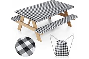 Nimalpal Picnic Table Cover with Bench Covers and Bag, Camping Essentials Camping Table Cover with Elastic Edges, Fitted Rectangle Tables and Seats, 72x30 Inches 3 Pcs Set (Black)