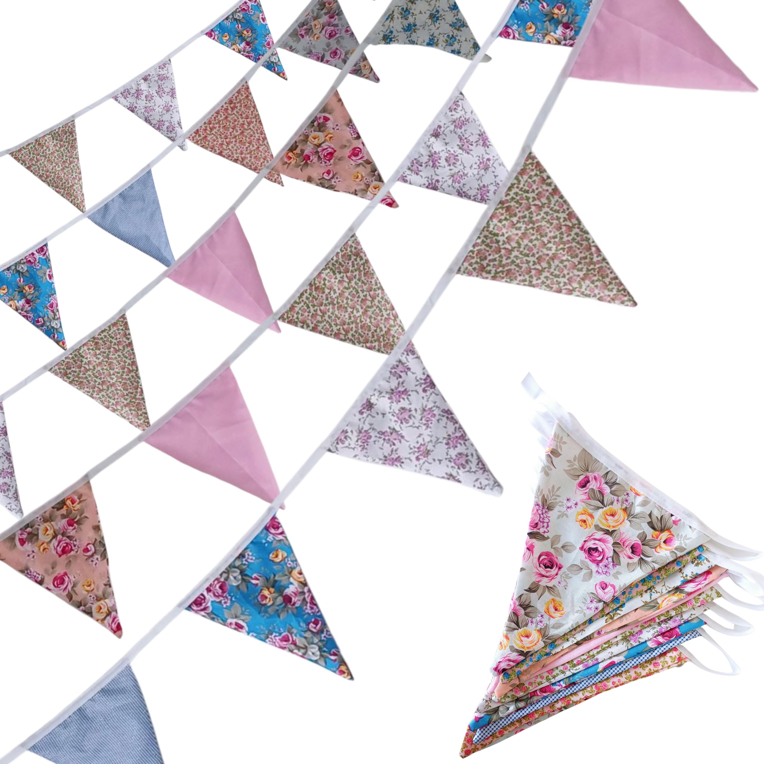 Quirki Fabric Bunting Floral Vintage Banner Garland 40ft Multicolour Reusable Cotton Bunting Triangle Flags for Indoor Outdoor Nursery Bedroom Birthday Afternoon Tea Wedding Party Decoration — image 1
