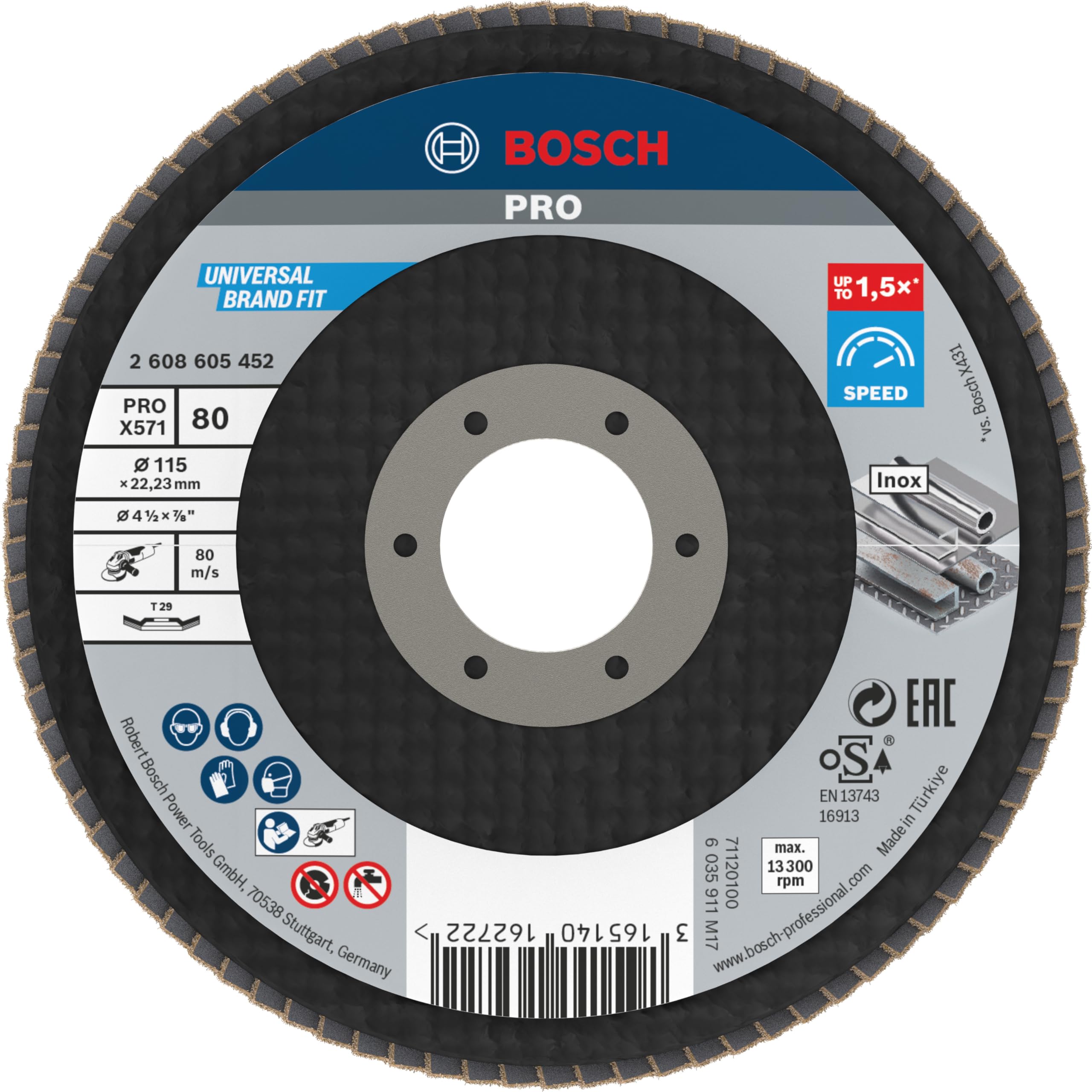 Bosch 1x PRO Metal X571 Flap Disc Angled Version Fiber for Small Angle Grinders (for Steel, Stainless steel, Ø 115 mm, Grit 80, Professional Accessory Small Angle Grinder)