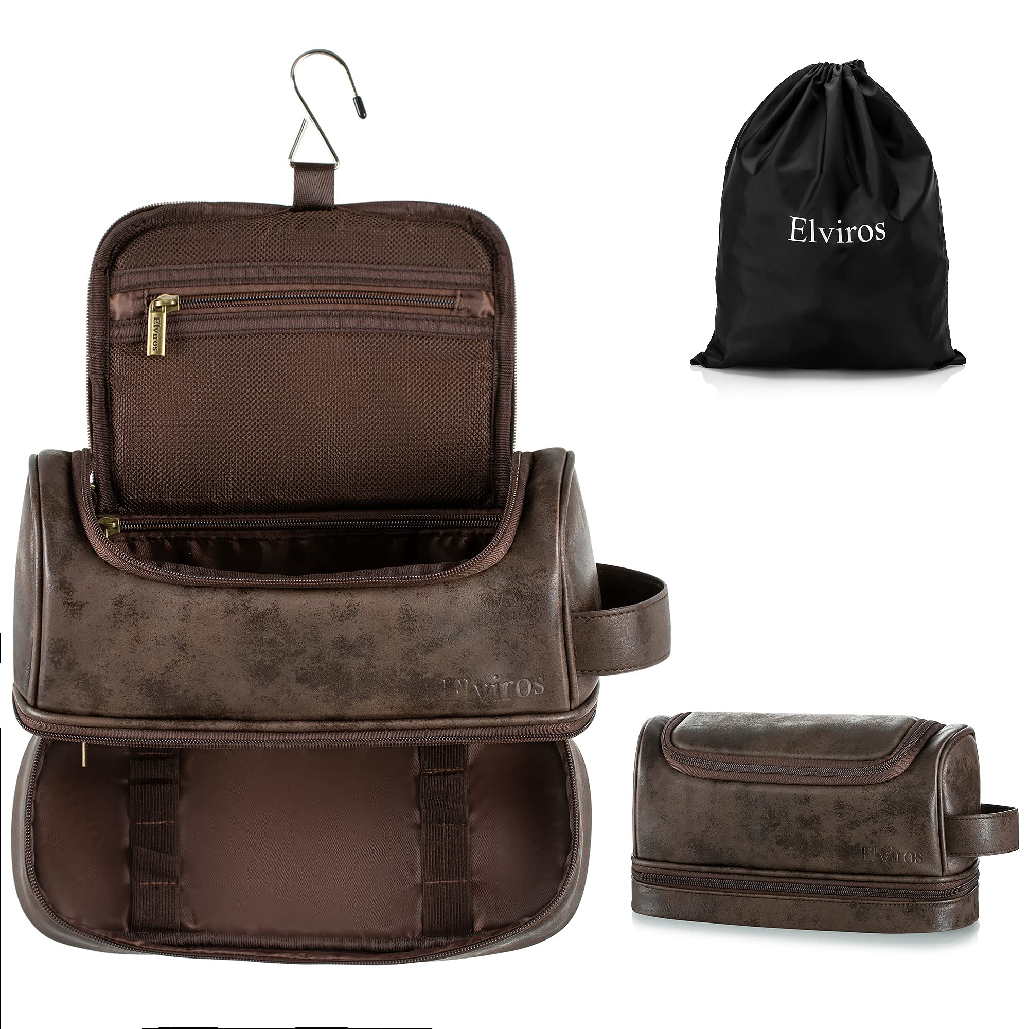 Photo 1 of Elviros Toiletry Bag for Mens PU Leather Travel Organizer Kit with Hanging hook, Large Water-resistant Toiletries Bathroom Shaving Bags (Extra Large, Coffee)