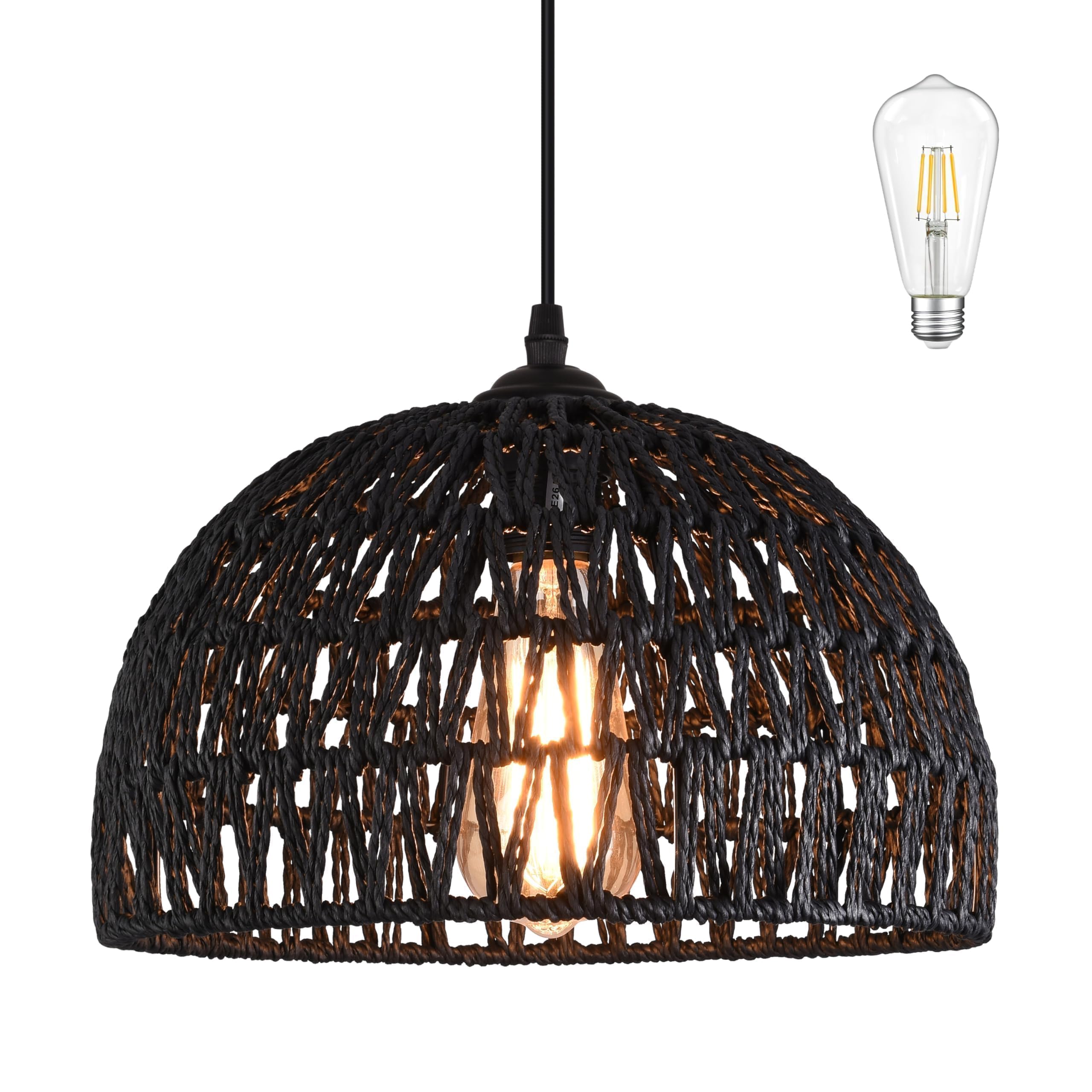 Photo 1 of AyshwillDec Black Woven Pendant Light Boho Chandelier Light Fixture Wicker Pendant Light Rattan Light Pendant Woven Light Fixture Dome Pendant Light for Dining Room Bedroom Kitchen Island (Bulb Incl)