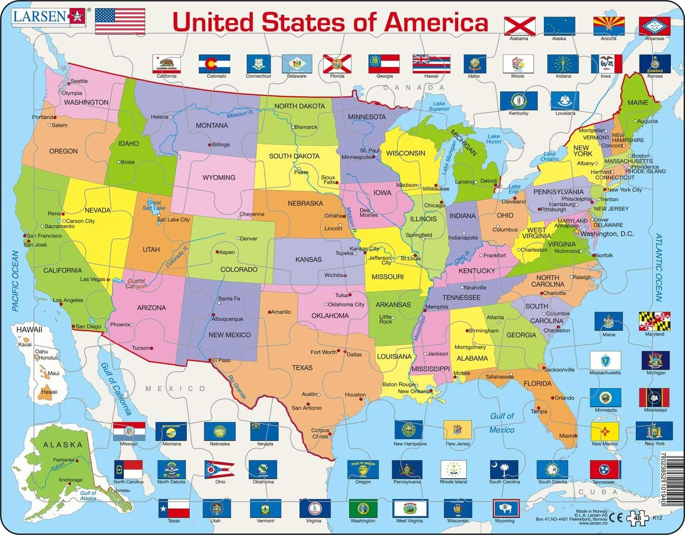 Larsen K12 United States Political Map, 48-Piece Boxless Tray Jigsaw Puzzle, Educational Geography Learning for Kids Age 4+